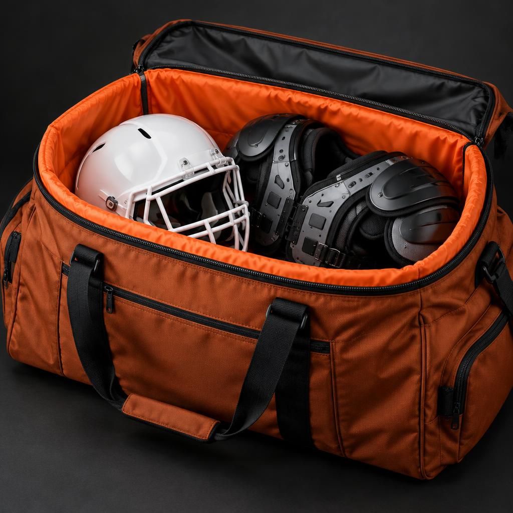 The open GearFresh liner holding a helmet and shoulder pads inside the bag, attached on a zipper inside the bag
